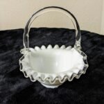 Fenton Silver Crest White Basket with Bamboo Handle