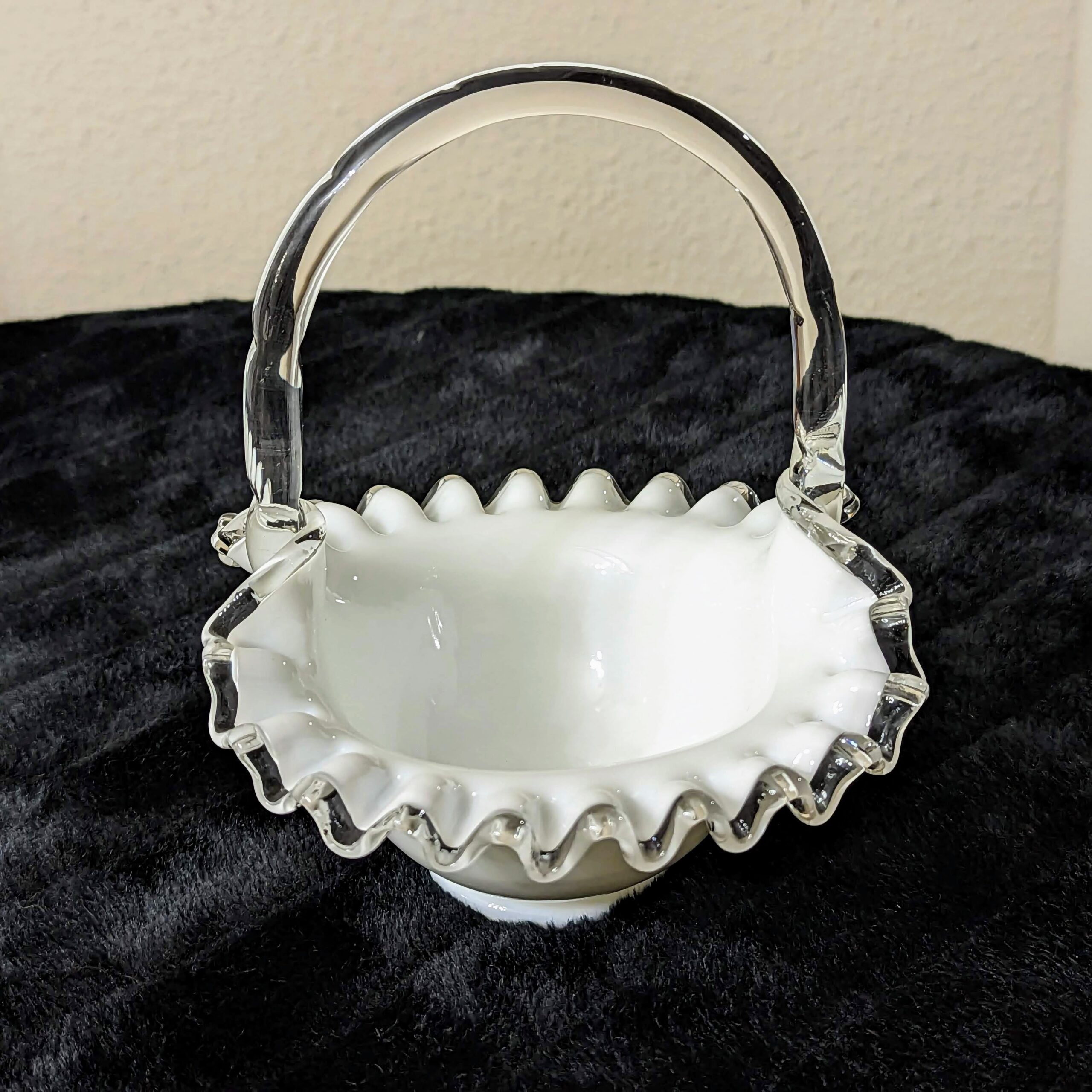 Fenton Silver Crest White Basket with Bamboo Handle