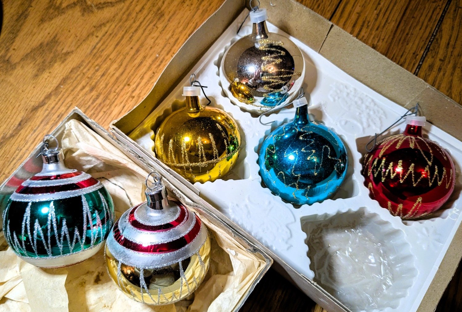 Six Vintage Polish Glitter Ornaments