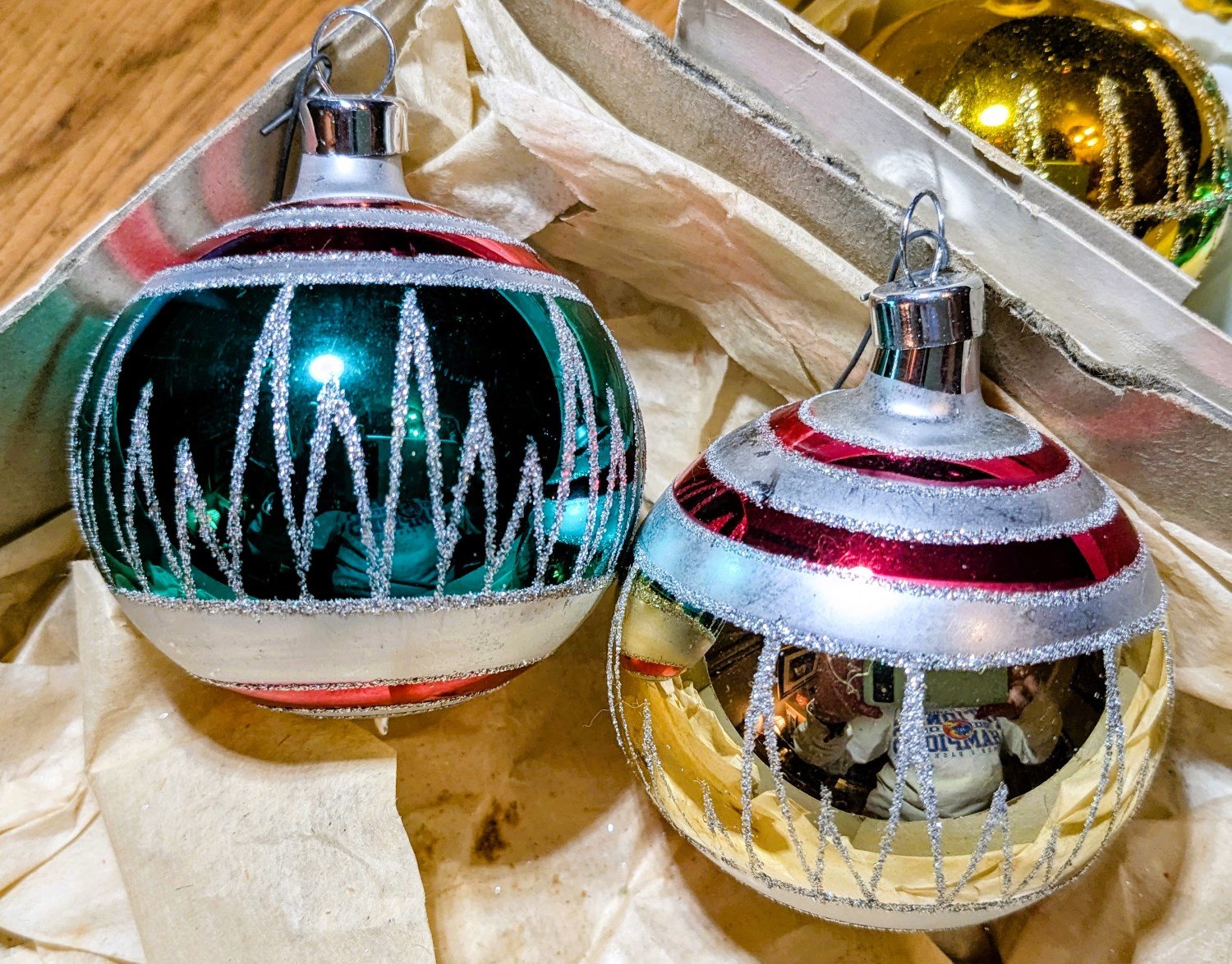 Six Vintage Polish Glitter Ornaments