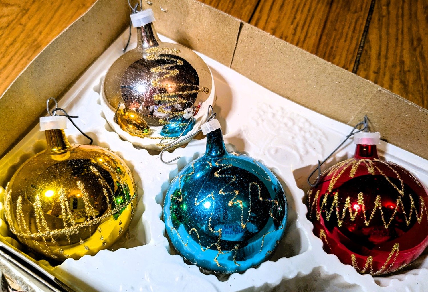 Six Vintage Polish Glitter Ornaments