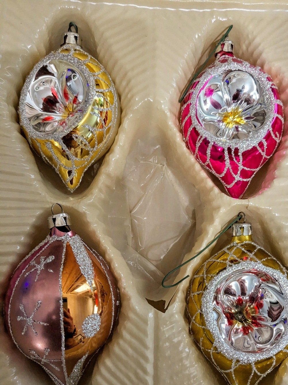 4 vintage hand decorated ornaments