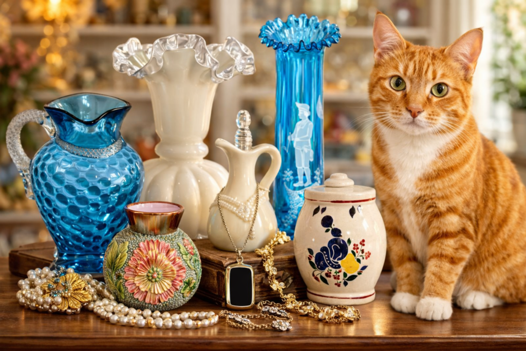 Orange tabby cat with vintage art glass vases, pottery, and antique jewelry from AtKatsPlace collectibles shop.