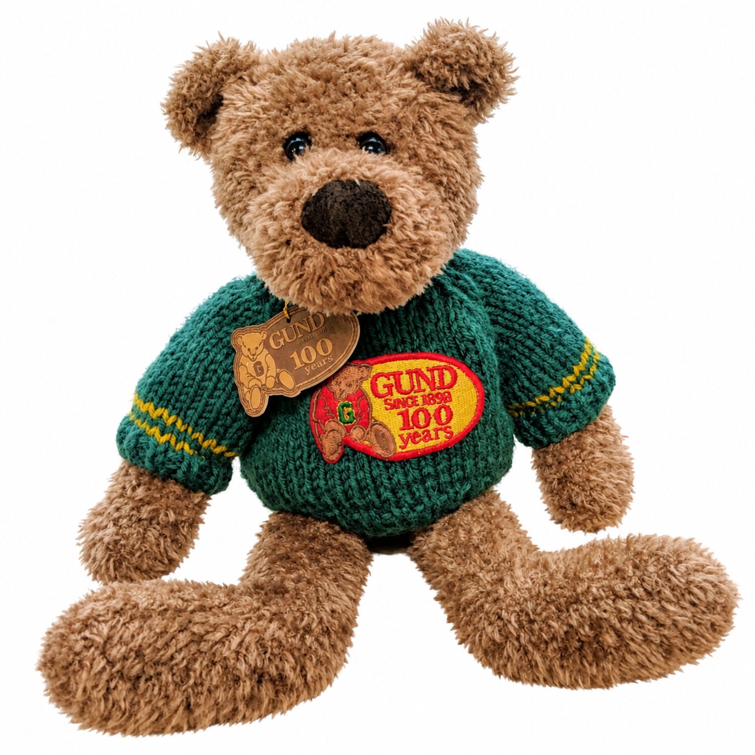 Brown GUND 100th anniversary teddy bear in green knit sweater